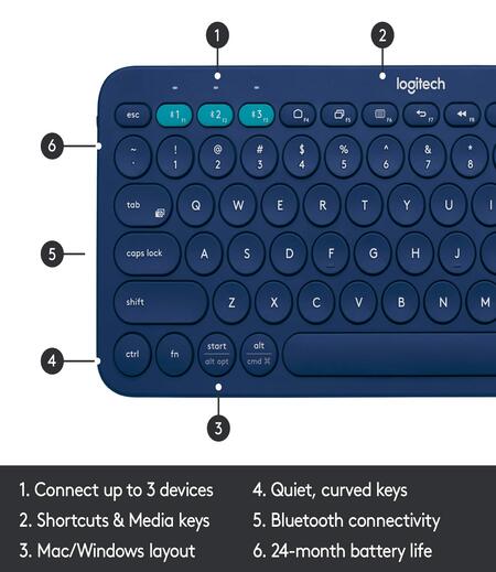 Logitech K380 Wireless Multi-Device Keyboard for Windows, Apple iOS, Apple Tv Android Or Chrome, Bluetooth, Compact Space-Saving Design, Pc/Mac/Laptop/Smartphone/Tablet (Blue)