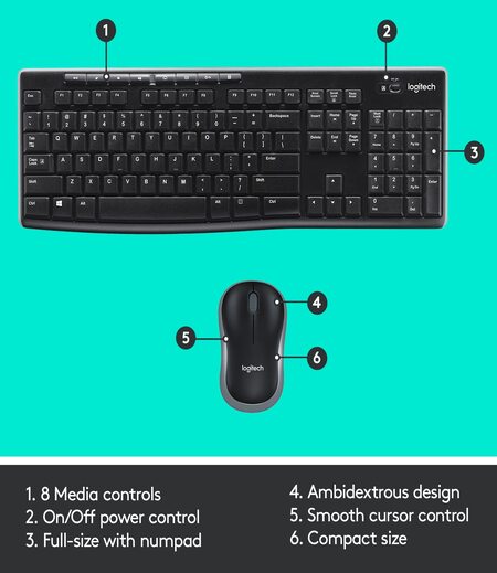 Logitech MK275 USB Wireless Keyboard and Mouse Set for Windows, 2.4 GHz Wireless, Compact Wireless Mouse, 8 Multimedia & Shortcut Keys, 2-Year Battery Life, PC/Laptop - Black