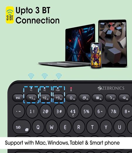 ZEBRONICS ZEB-K5000MW Bluetooth Wireless Keyboard with Easy-Switch for Up to 3 Devices for PC, Laptop, Windows, Mac, Chrome OS, Android, iPad OS, 6 Months Backup with Type C Charging (Black)