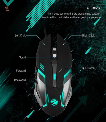 ZEBRONICS-Transformer-M with a High-Performance Gold-Plated USB Mouse: 6 Buttons, Multi-Color LED Lights,High-Resolution Sensor with max 3600 DPI, and DPI Switch(Black)