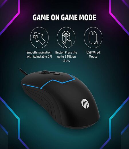 HP M100 USB Wired Gaming Optical Mouse with LED Backlight and Adjustable 1000/1600 DPI Settings, 3 Buttons and Press Life Up to 5 Million Clicks, 3 Years Warranty (3DR60PA, Black)