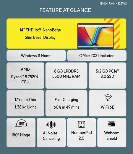 ASUS Vivobook Go 14 (2023), AMD Ryzen 5 7520U, 14-inch (35.56 cm) FHD, Thin & Light Laptop (8GB/512GB SSD/Windows 11/Office 2021/Alexa Built-in/Mixed Black/1.38 kg), E1404FA-NK522WS