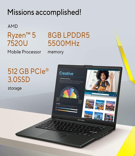 ASUS Vivobook Go 14 (2023), AMD Ryzen 5 7520U, 14-inch (35.56 cm) FHD, Thin & Light Laptop (8GB/512GB SSD/Windows 11/Office 2021/Alexa Built-in/Mixed Black/1.38 kg), E1404FA-NK522WS