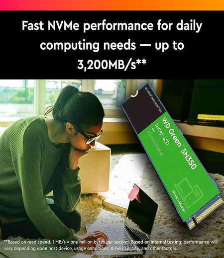 Western Digital WD Green SN350 NVMe 1TB, Upto 3200MB/s, 3 Y Warranty, PCIe Gen 3 NVMe M.2 (2280), Internal Solid State Drive (SSD) (WDS100T3G0C)