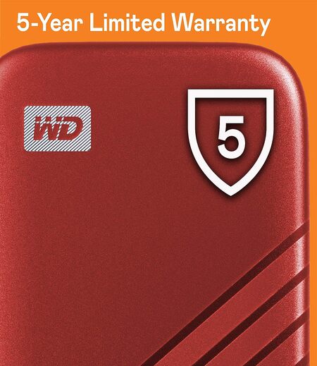 Western Digital 2TB My Passport Portable SSD, 1050MB/s R, 1000MB/s W, Upto 2 Meter Drop Protection, HW Encryption, Type-C Cable & Type-A Adaptor, for PC&Mac, Red, 5Y Warranty, External SSD