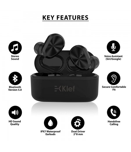 Klef TWS True Wireless IPX7 Bluetooth 5.0 in-Ear Headphones/Headset/Earphones with handsfree mic (Matt Black)
