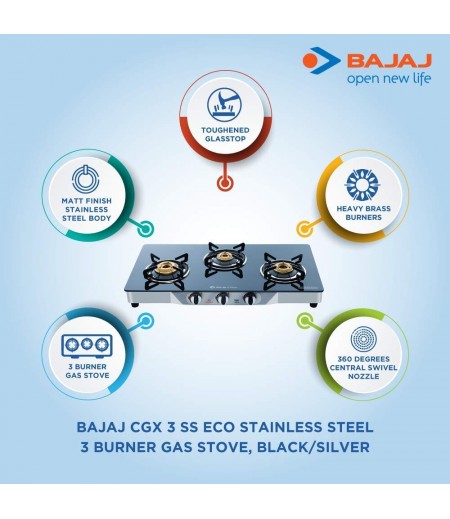 Bajaj CGX 3 SS Eco Stainless Steel 3 Burner Gas Stove, Black/Silver-M000000000414 www.mysocially.com