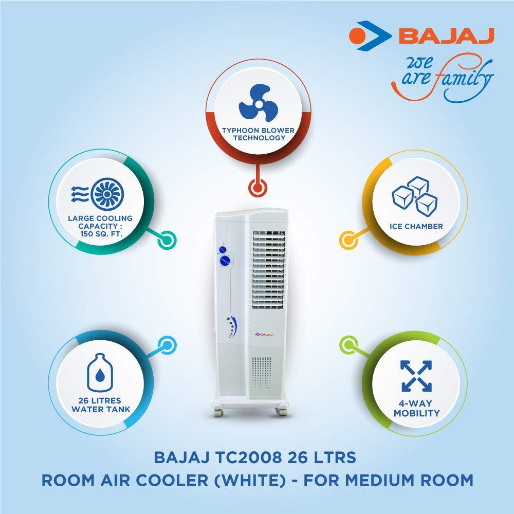 Bajaj TC2008 26-litres Tower Air Cooler (White) - for Medium Room-M000000000471 www.mysocially.com