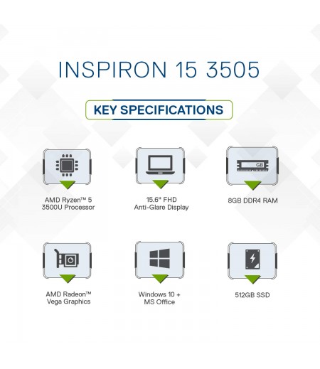 Dell Inspiron 3505 15inch FHD AG Display Laptop (Ryzen-5 3500U / 8GB / 512 SSD / Vega Graphics / 1 Yr NBD Warranty / Win 10 + MS Office H&S 2019 / Soft Mint) D560341WIN9S-M000000000505 www.mysocially.com