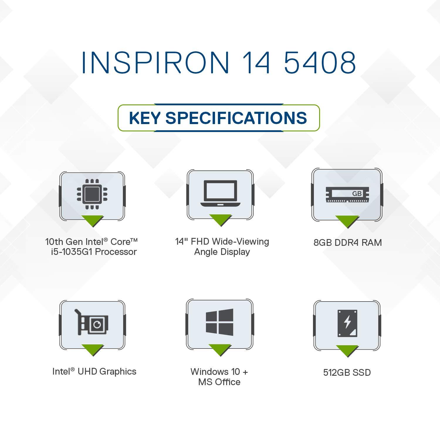 Dell Inspiron 5408 14 inch FHD Laptop (10th Gen i5-1035G1/8 GB/512 SSD/Intel HD Graphics/Win 10 + MS Office/Pebble) D560209WIN9SE-M000000000510 www.mysocially.com