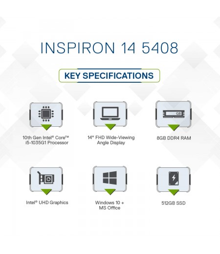 Dell Inspiron 5408 14 inch FHD Laptop (10th Gen i5-1035G1/8 GB/512 SSD/Intel HD Graphics/Win 10 + MS Office/Pebble) D560209WIN9SE-M000000000510 www.mysocially.com