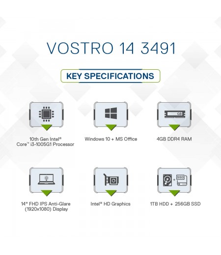 Dell Vostro 3491 14-inch FHD Laptop (10th Gen i3-1005G1/4GB/1TB HDD + 256GB SSD/Win 10 + MS Office/Intel HD Graphics/Black) D552115WIN9BE-M000000000519 www.mysocially.com