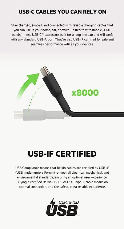 Belkin USB C to USB A 2.0, Type C Cable, 3.3 feet (1 meter), USB-IF Certified, Supports Fast Charging - White