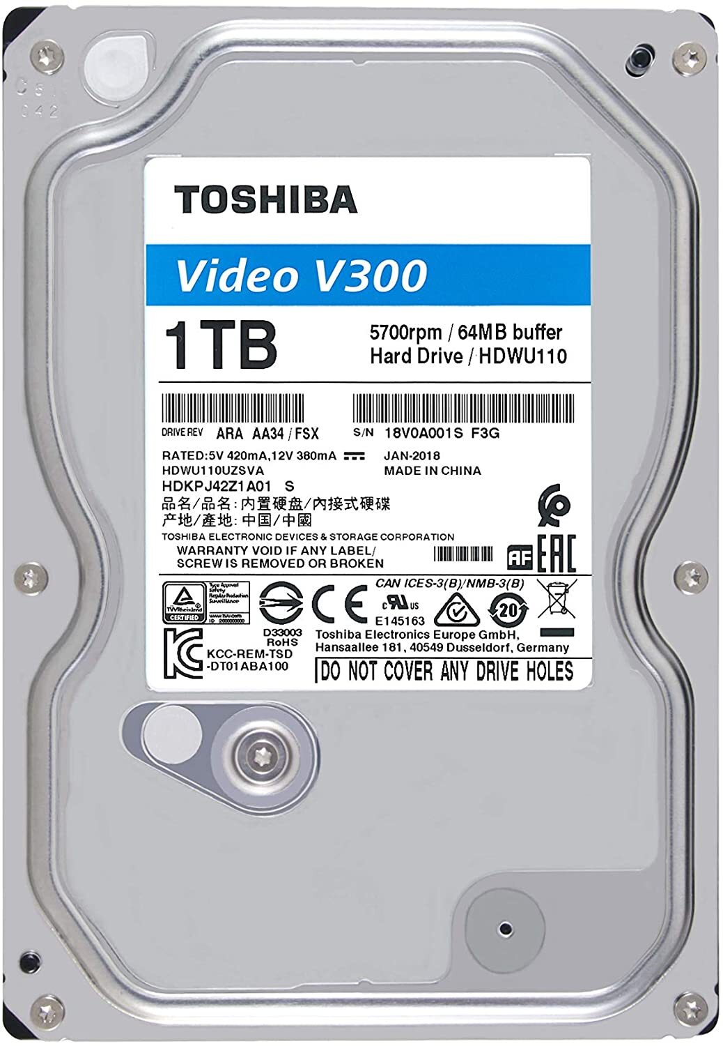 Toshiba HDWU110UZSVA 1TB V300 3.5" Video Streaming Hard Drive with Temperature Control