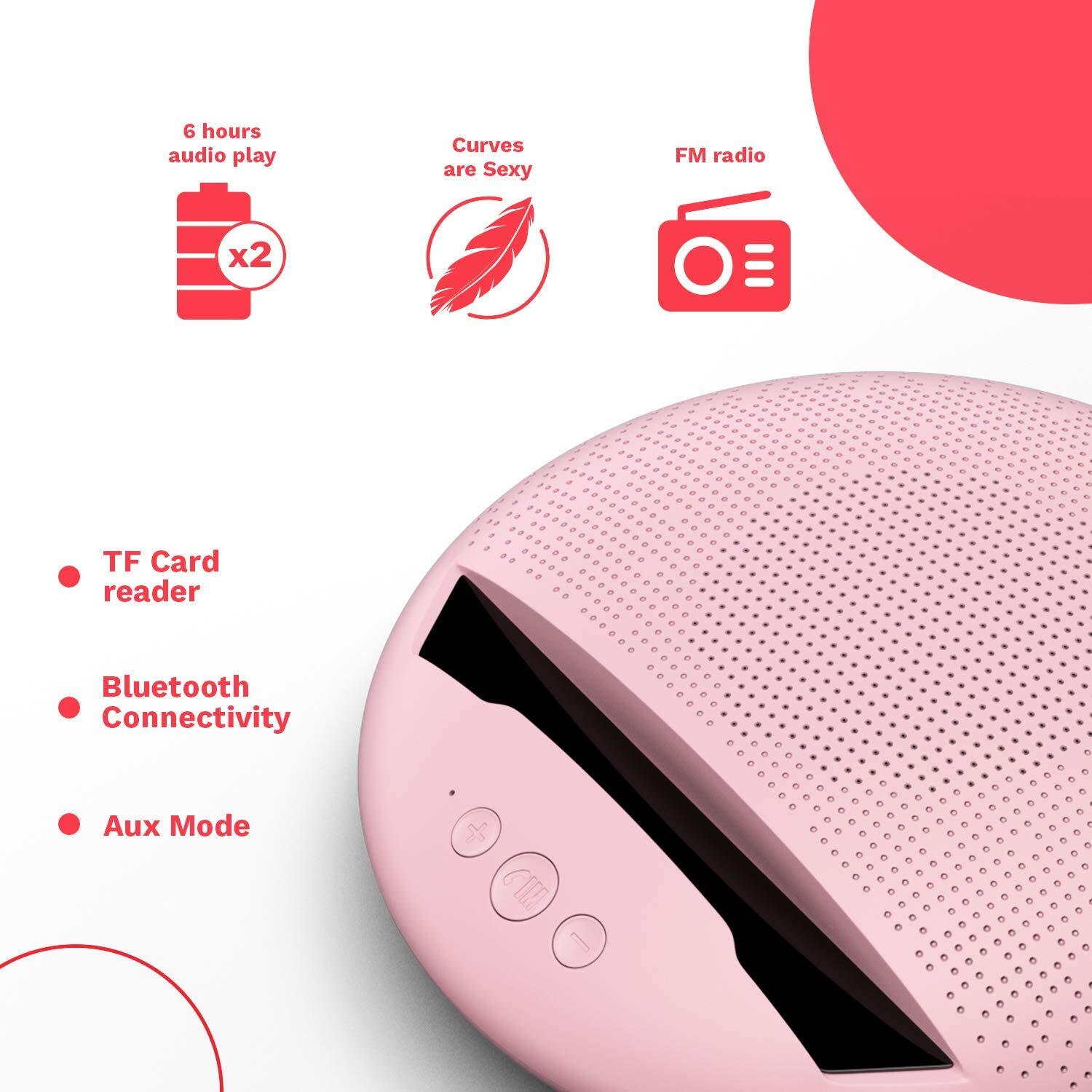 Corseca MuDisc 5W Portable Wireless Bluetooth Deep Bass Stereo Speaker with Mic FM Radio SD Card and Integrated Mobile Rest Stand, Pink